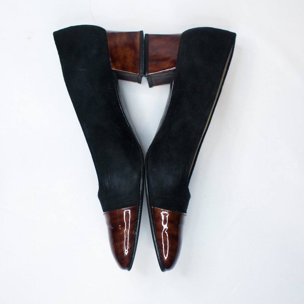 Vintage Etienne Aigner Black Suede Brown Tortoise Shell Block Heel 90s 8.5 Pumps - Picture 4 of 14